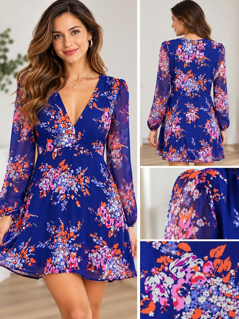 Charles Henry Navy Blue Floral V-Neck Midi Dress